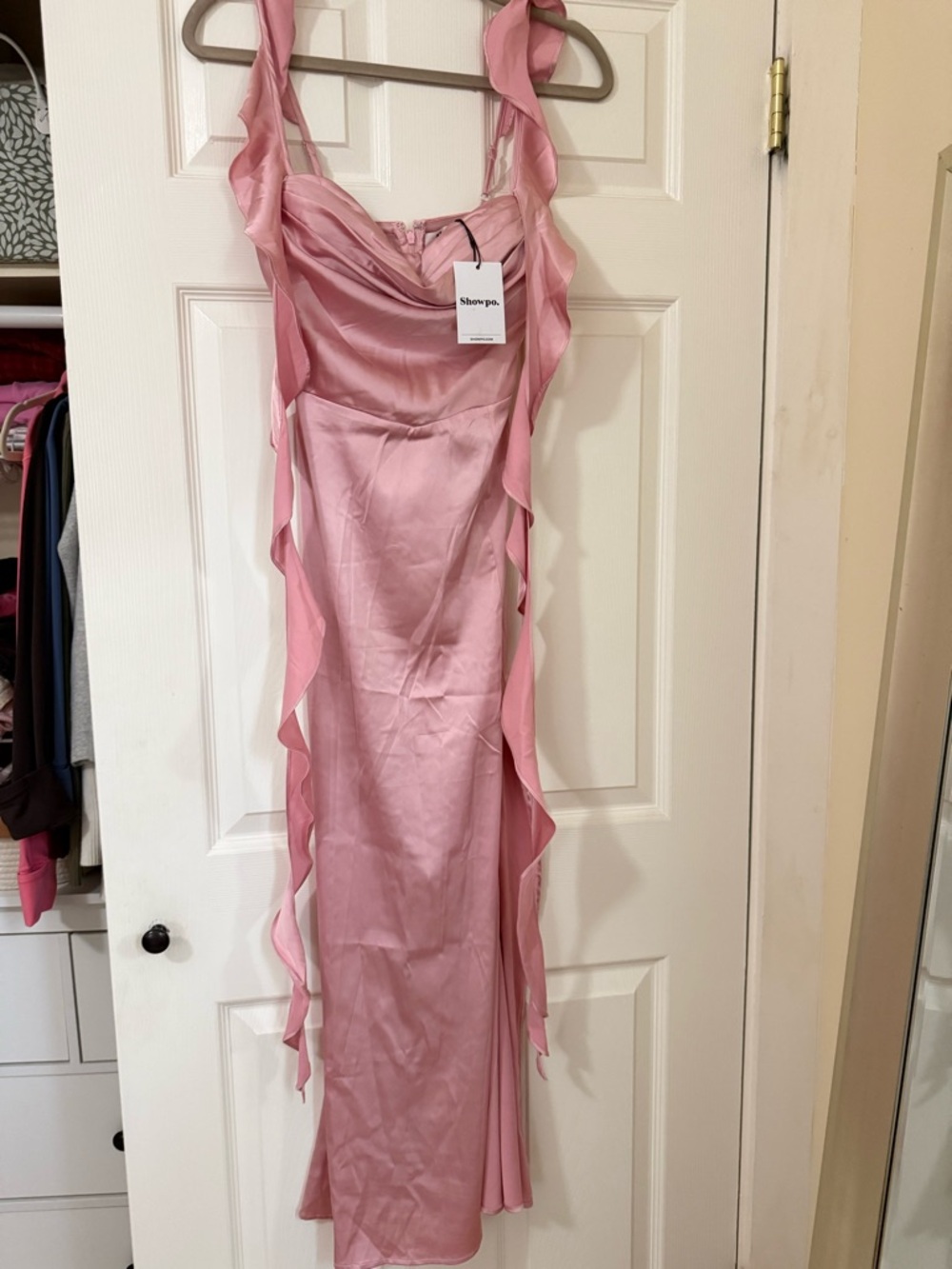Showpo Pink Satin Maxi Dress with Ruffle Straps